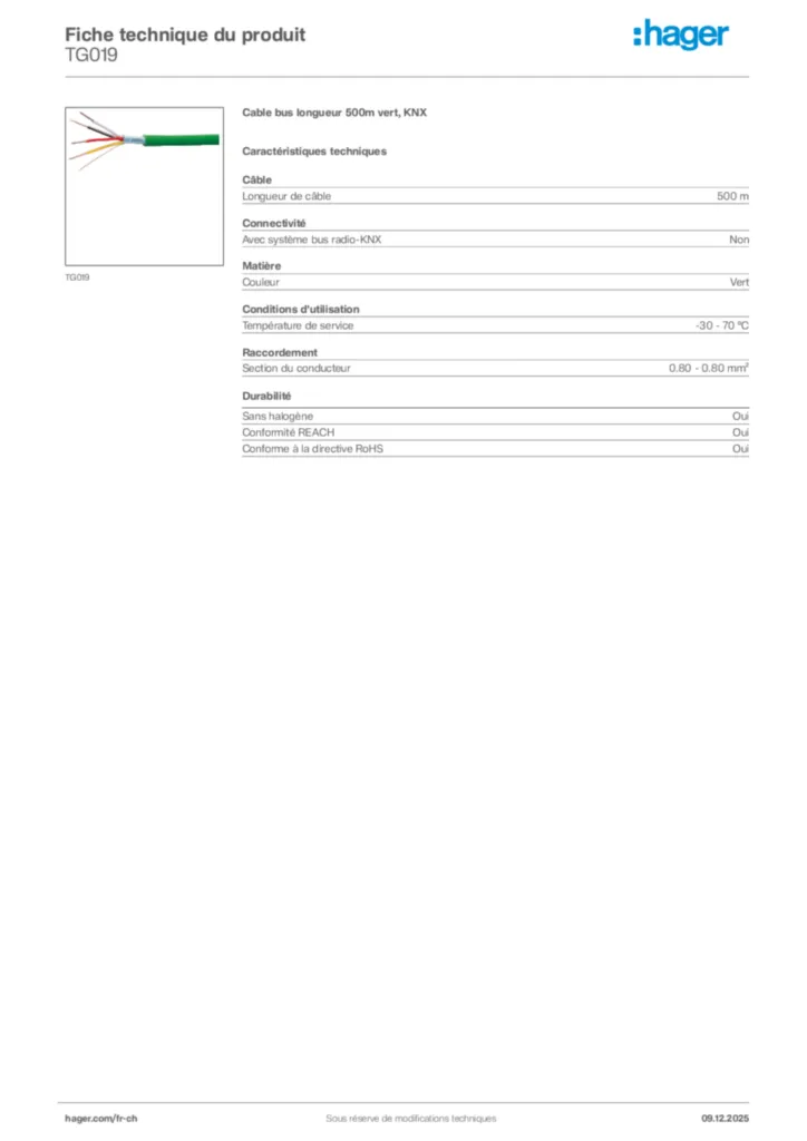 Image Hager Fiche technique du produit TG019 | Hager Suisse