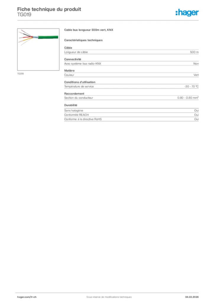 Image Hager Fiche technique du produit TG019 | Hager Suisse