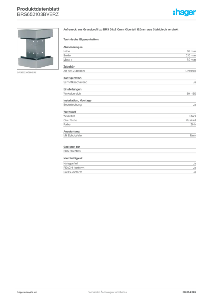 Bild Hager Produktdatenblatt BRS652103BVERZ | Hager Schweiz