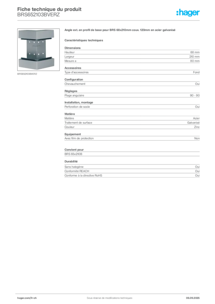Image Hager Fiche technique du produit BRS652103BVERZ | Hager Suisse