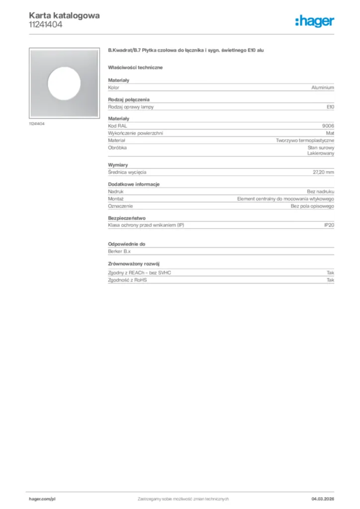 Zdjęcie Hager Karta katalogowa 11241404 | Hager Polska