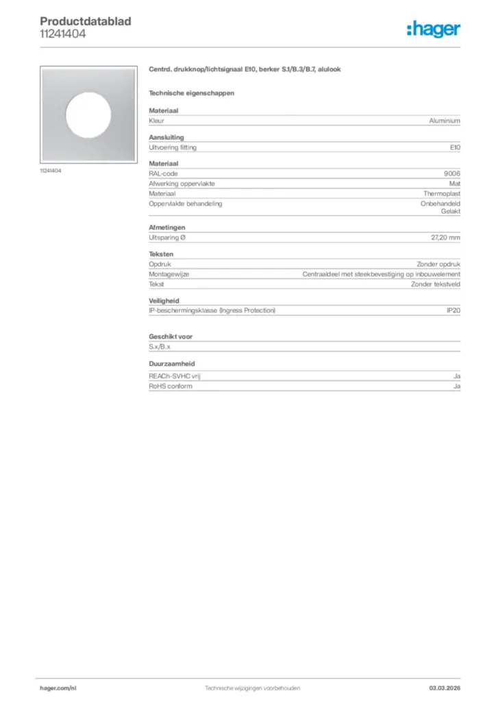 Afbeelding Hager Productdatablad 11241404 | Hager Nederland