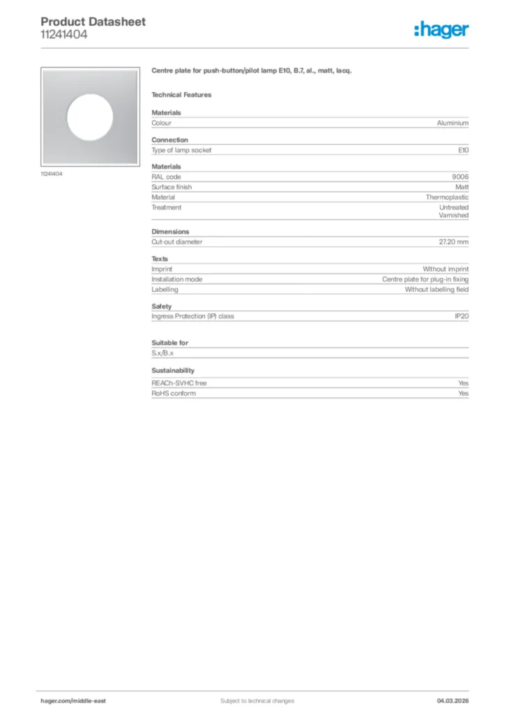 Image Hager Product data sheet 11241404  | Hager