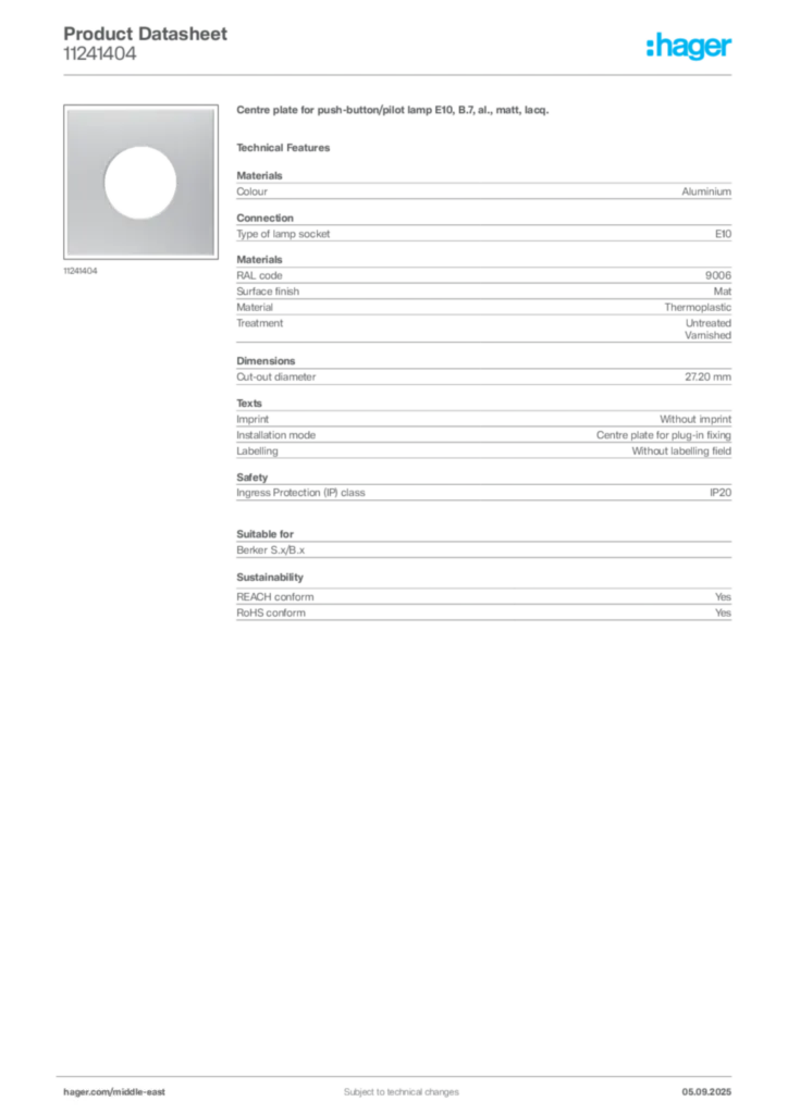 Image Hager Product data sheet 11241404  | Hager