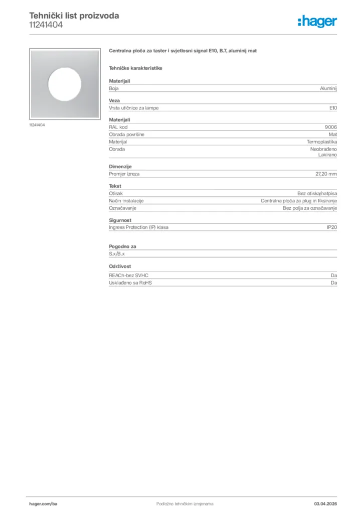 Slika Hager Tehnički list proizvoda 11241404  | Hager