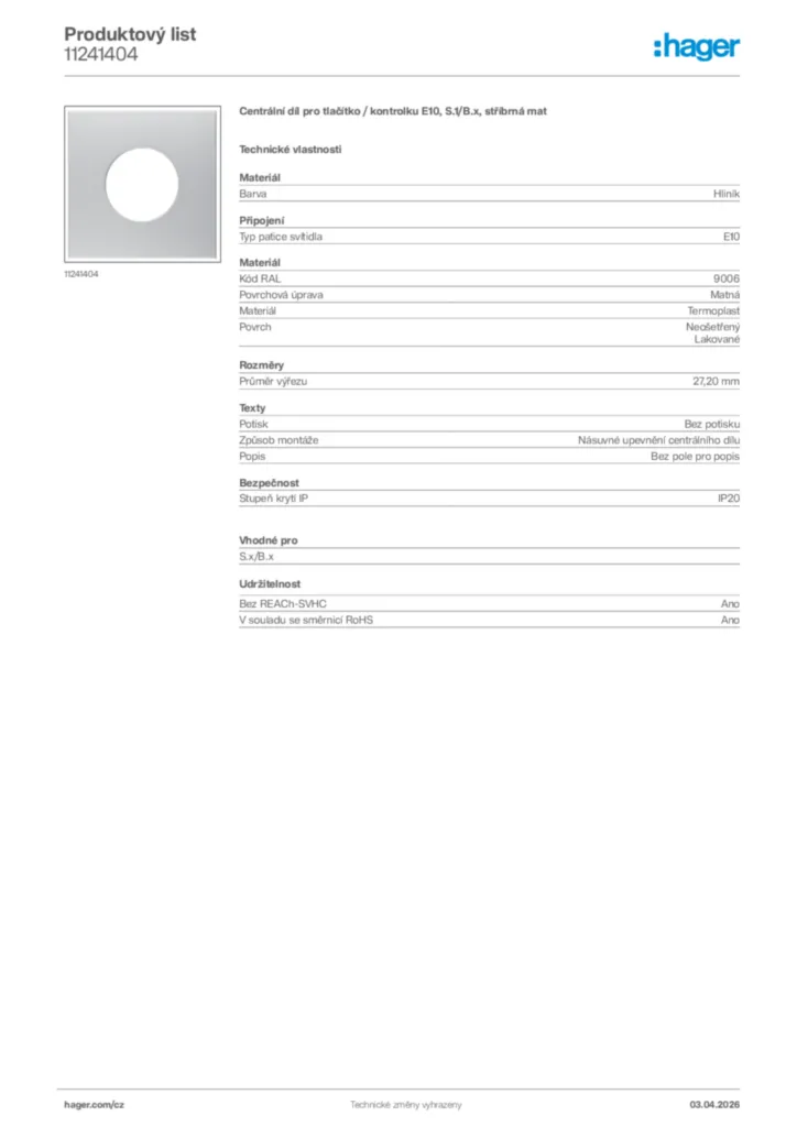 Obrázek Hager Product data sheet 11241404 | Hager