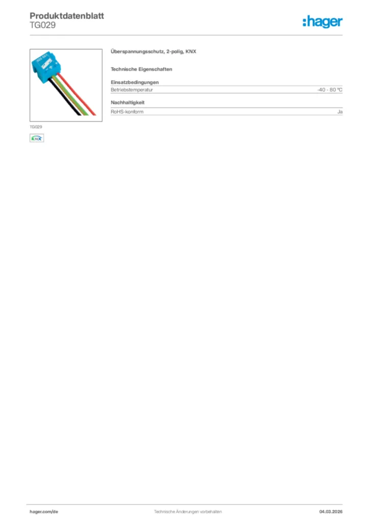 Bild Hager Produktdatenblatt TG029 | Hager Deutschland