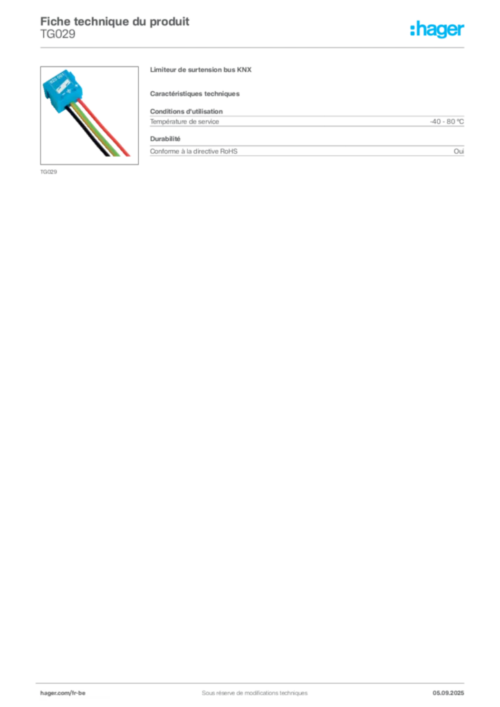 Image Hager Fiche technique du produit TG029 | Hager Belgique