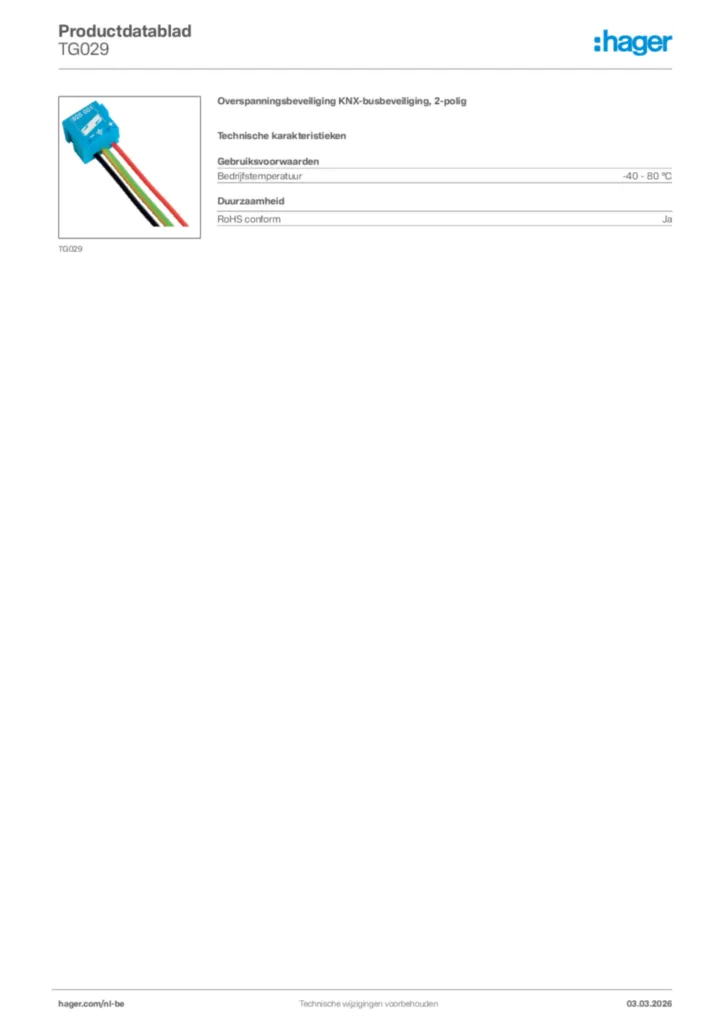 Afbeelding Hager Productdatablad TG029 | Hager Belgium