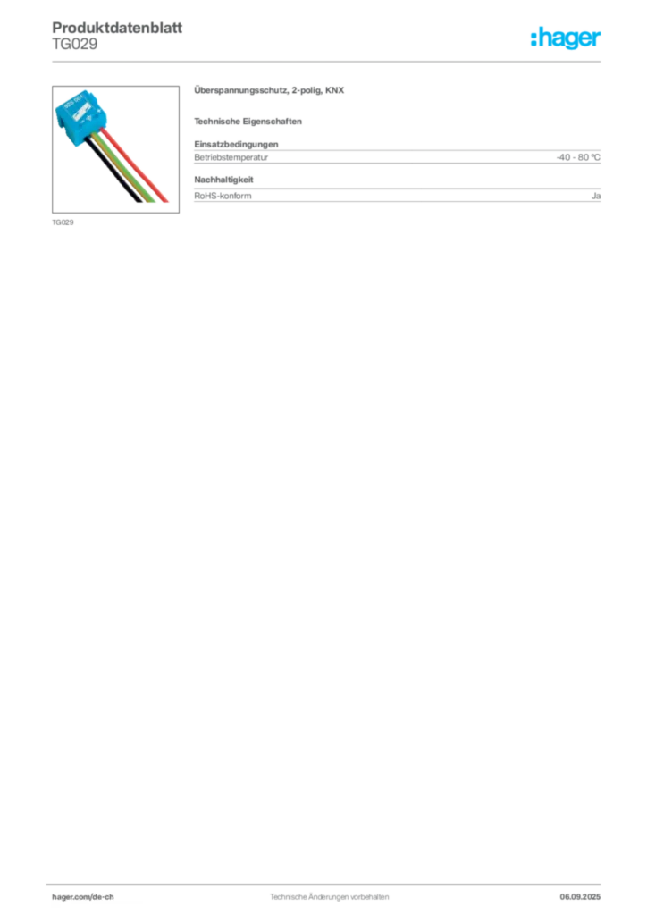 Bild Hager Produktdatenblatt TG029 | Hager Schweiz