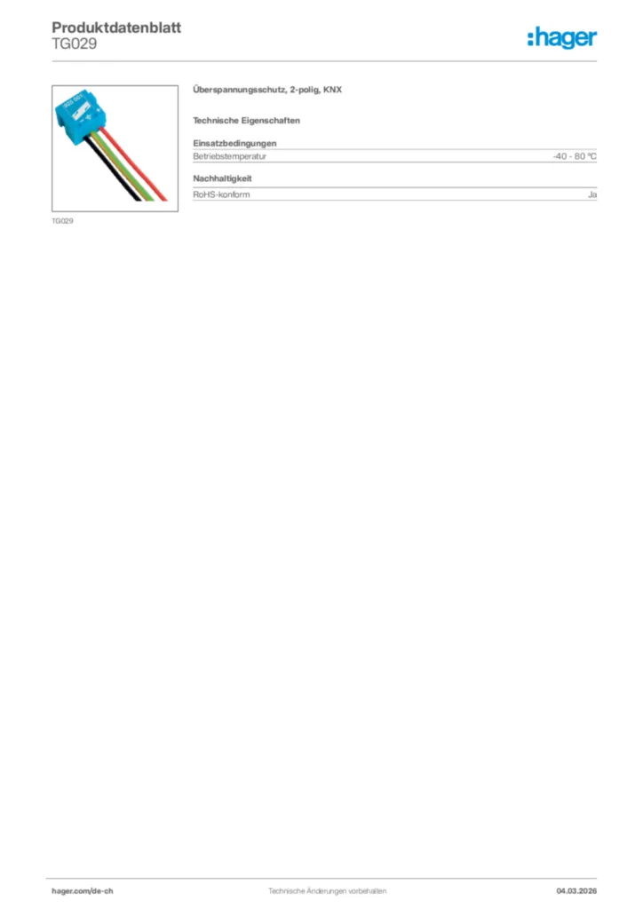 Bild Hager Produktdatenblatt TG029 | Hager Schweiz