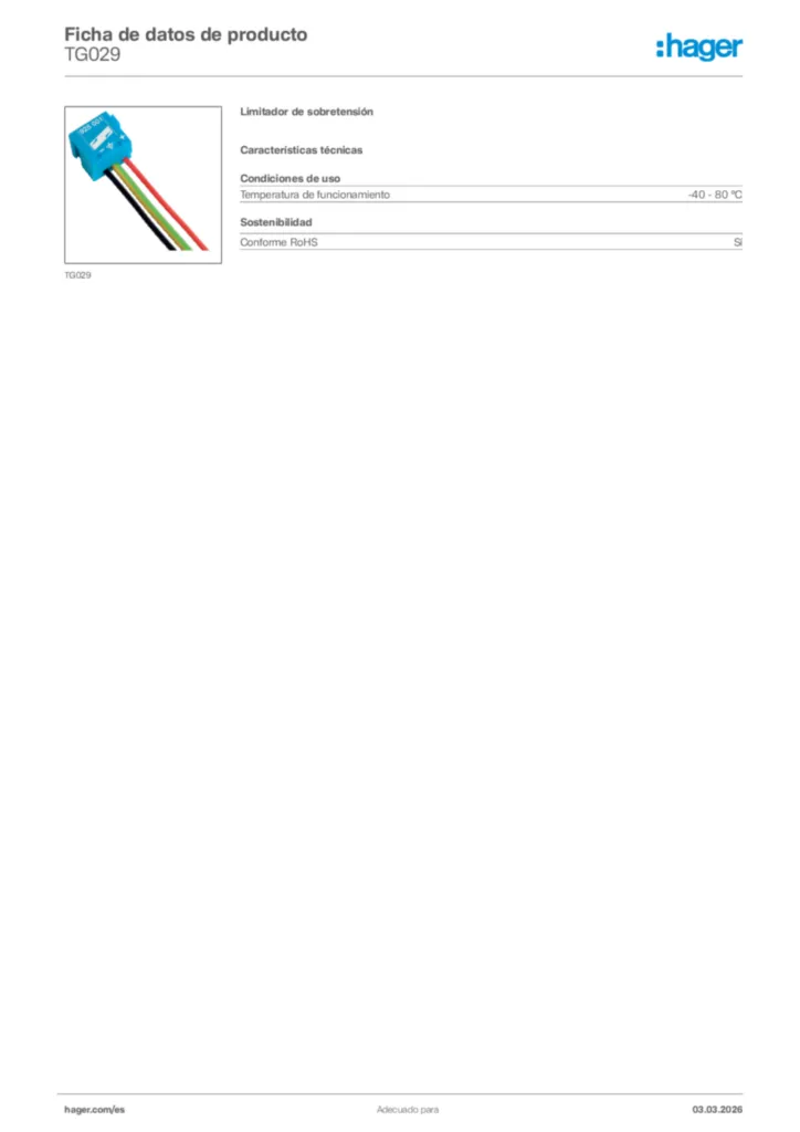 Imagen Hager Ficha de datos de producto TG029 | Hager España