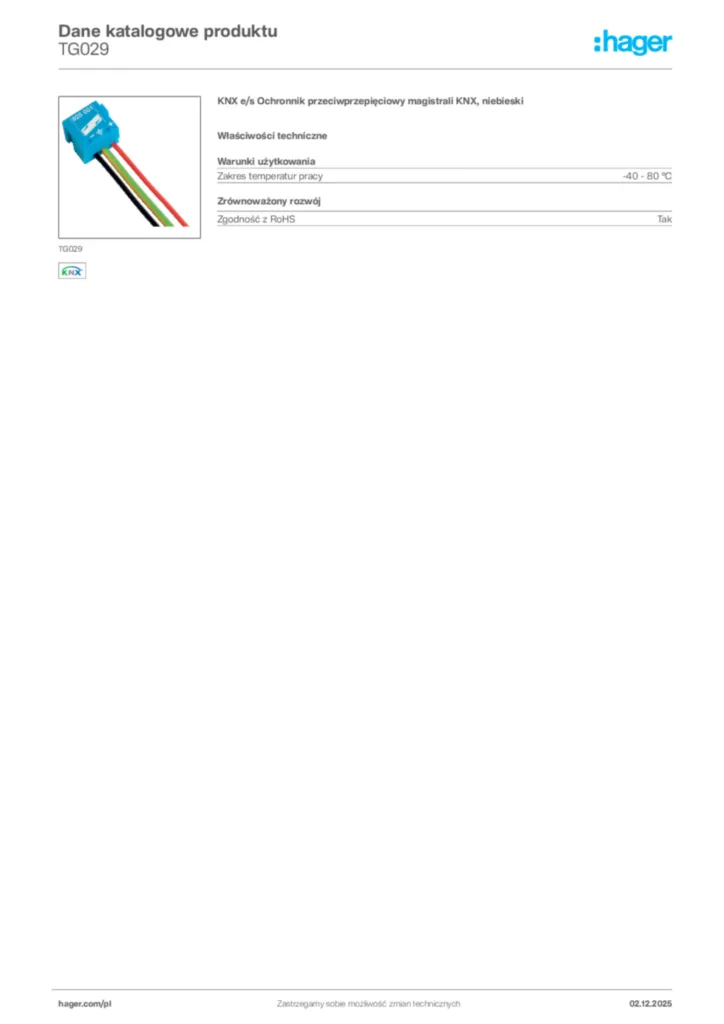 Zdjęcie Hager Dane katalogowe produktu TG029 | Hager Polska