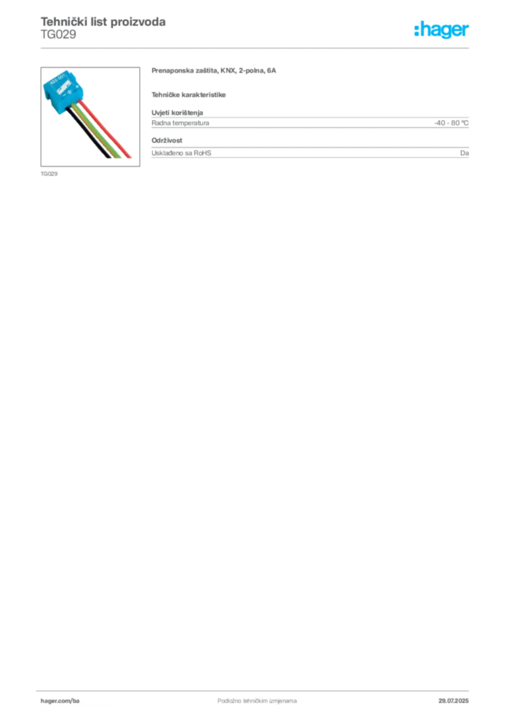 Slika Hager Product data sheet TG029  | Hager