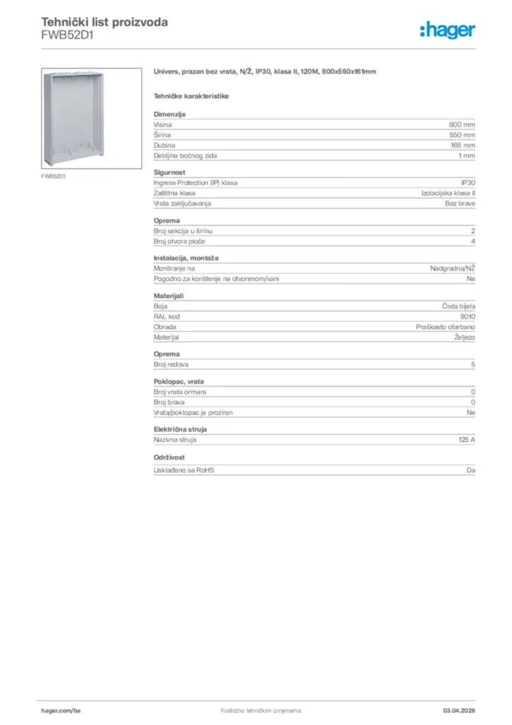 Slika Hager Tehnički list proizvoda FWB52D1  | Hager