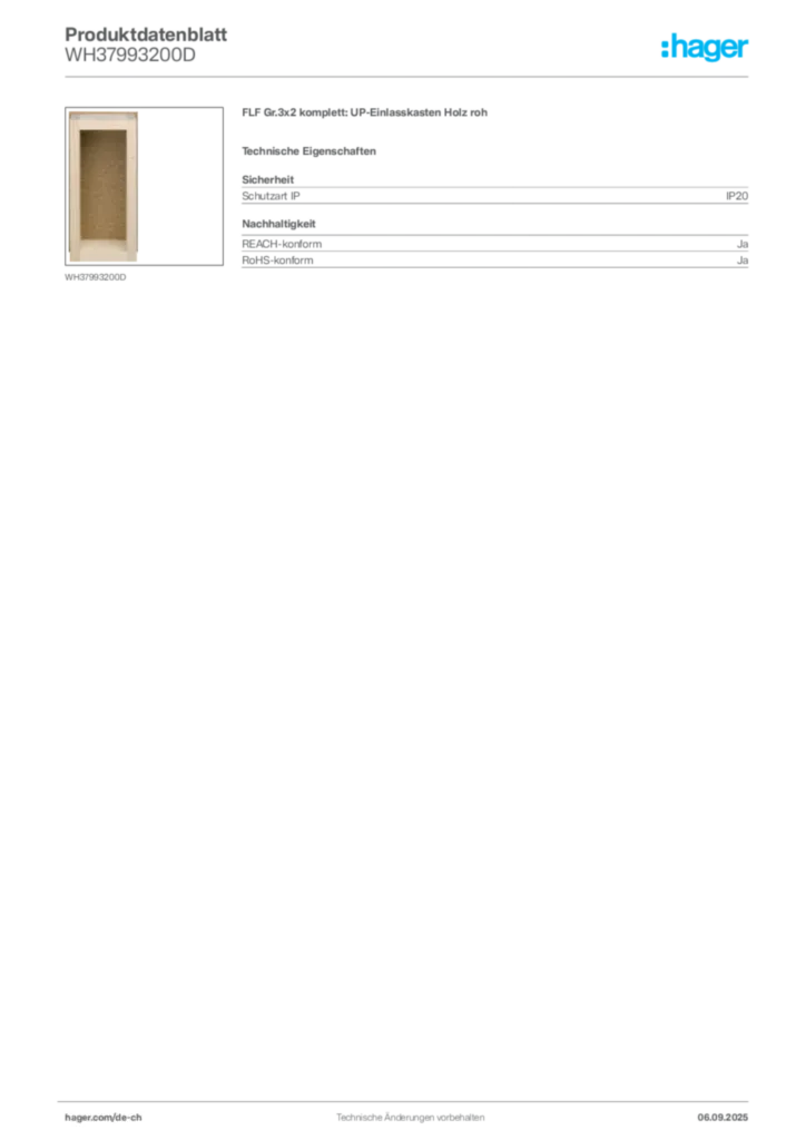 Bild Hager Produktdatenblatt WH37993200D | Hager Schweiz