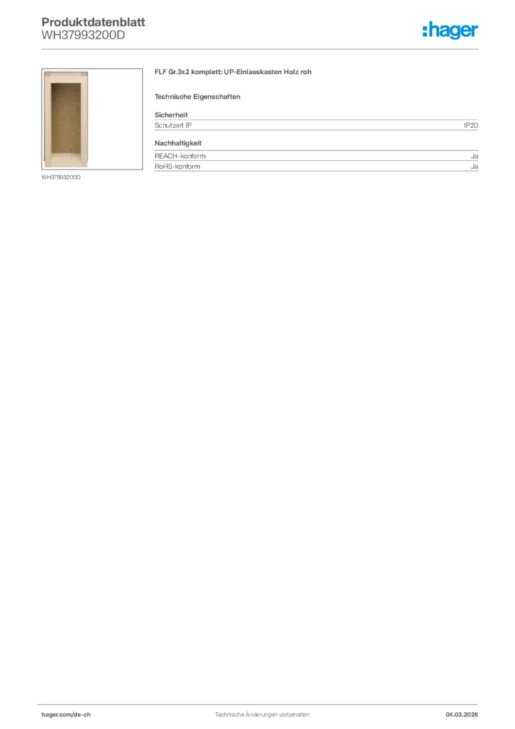 Bild Hager Produktdatenblatt WH37993200D | Hager Schweiz