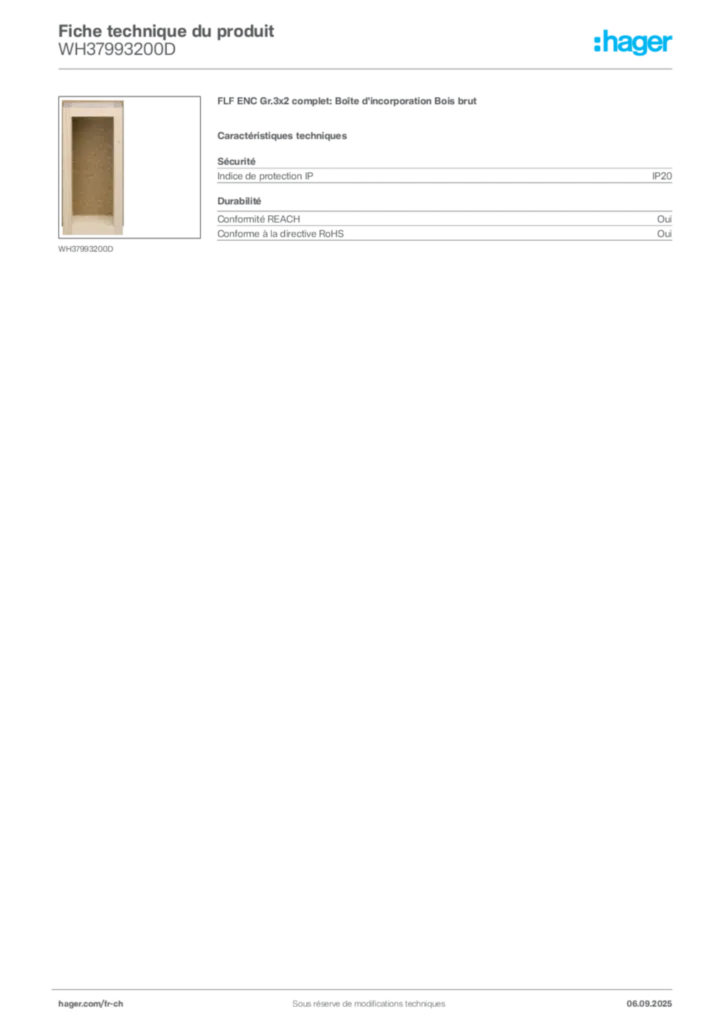 Image Hager Fiche technique du produit WH37993200D | Hager Suisse