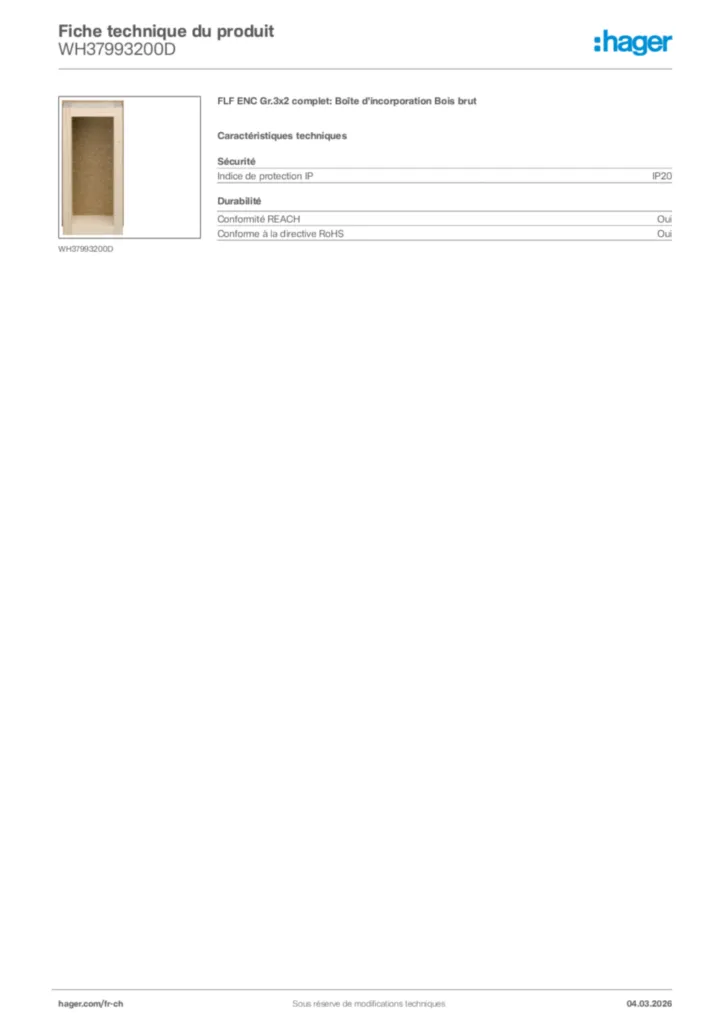 Image Hager Fiche technique du produit WH37993200D | Hager Suisse