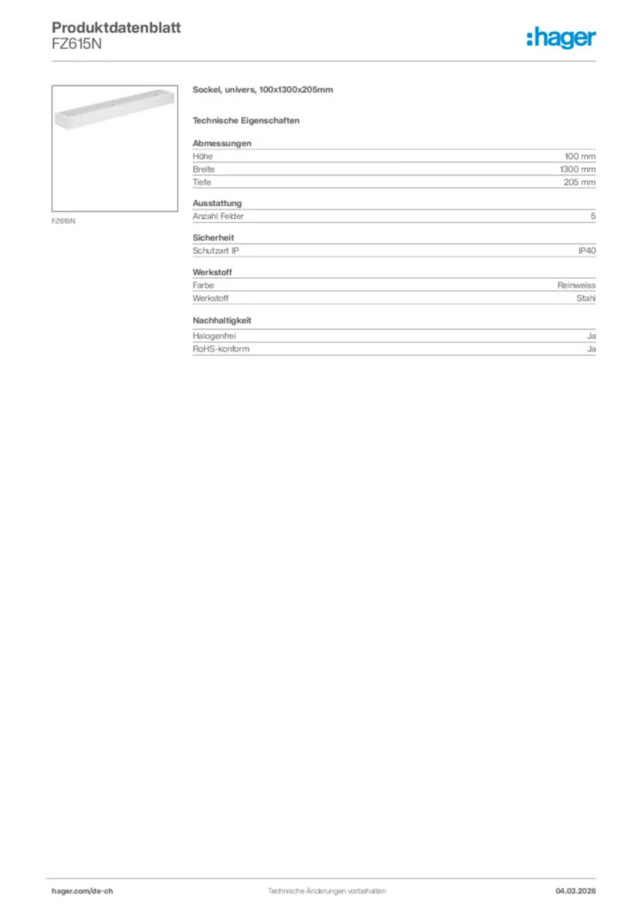 Bild Hager Produktdatenblatt FZ615N | Hager Schweiz