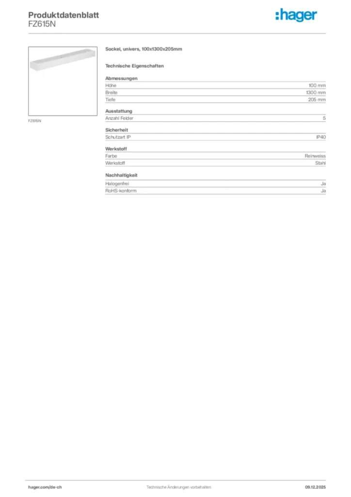 Bild Hager Produktdatenblatt FZ615N | Hager Schweiz