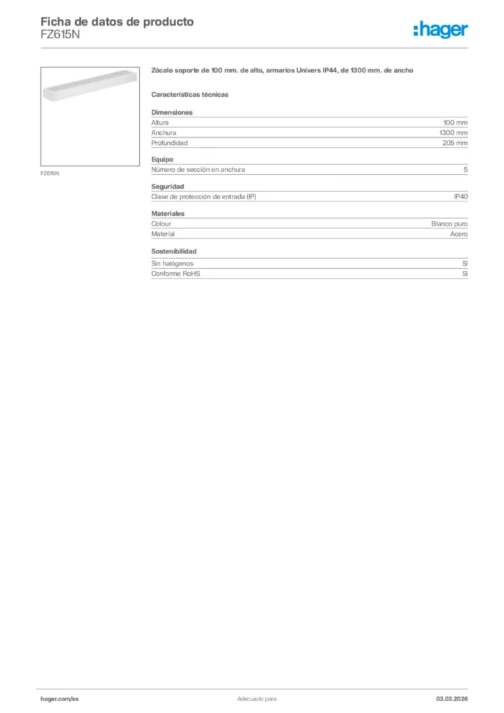 Imagen Hager Ficha de datos de producto FZ615N | Hager España
