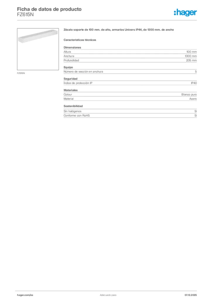 Imagen Hager Ficha de datos de producto FZ615N | Hager España
