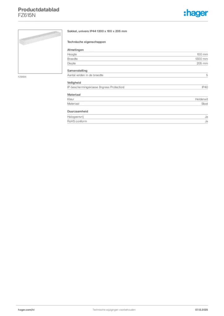 Afbeelding Hager Productdatablad FZ615N | Hager Nederland