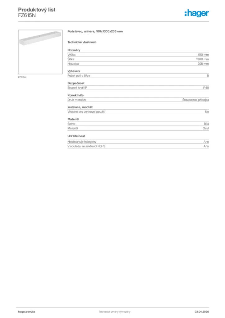 Obrázek Hager Product data sheet FZ615N | Hager