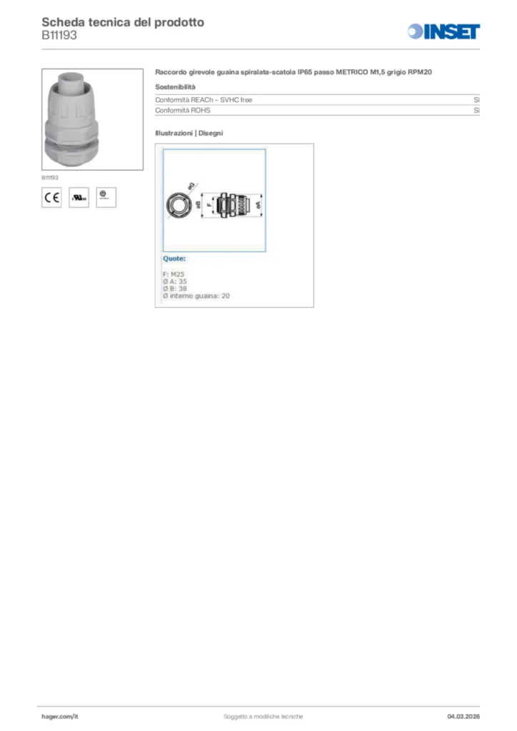 Immagine Inset Scheda tecnica del prodotto B11193 | Hager Italia