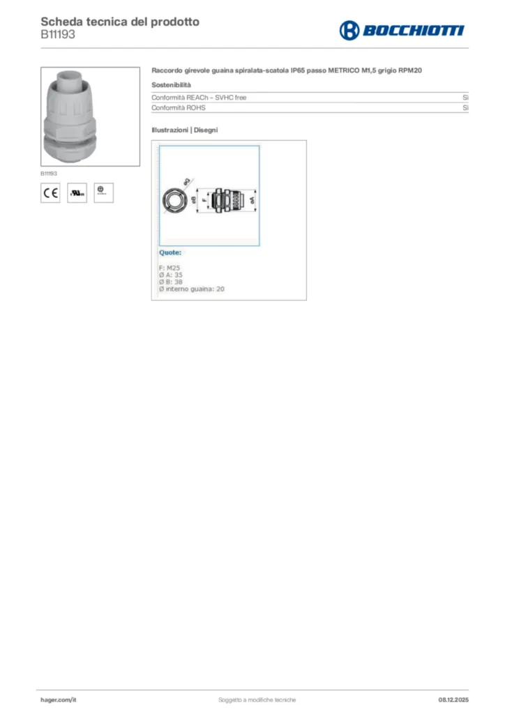 Immagine Bocchiotti Scheda tecnica del prodotto B11193 | Hager Italia