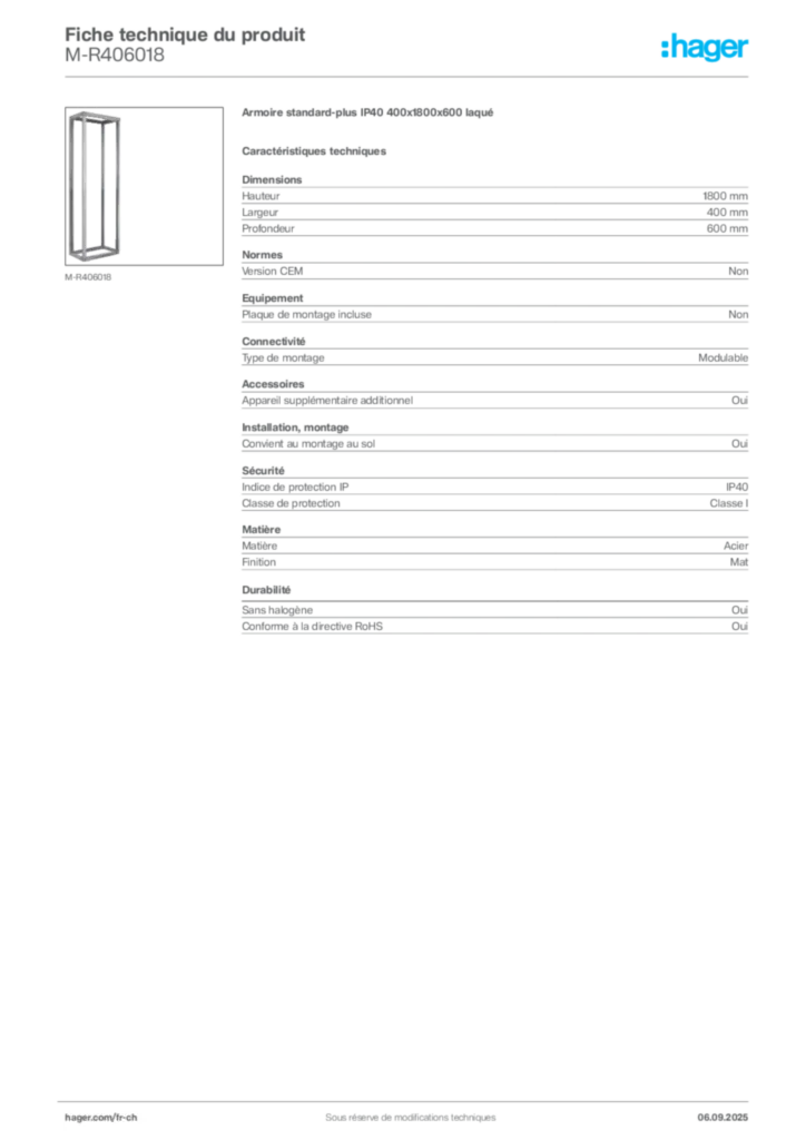 Image Hager Fiche technique du produit M-R406018 | Hager Suisse