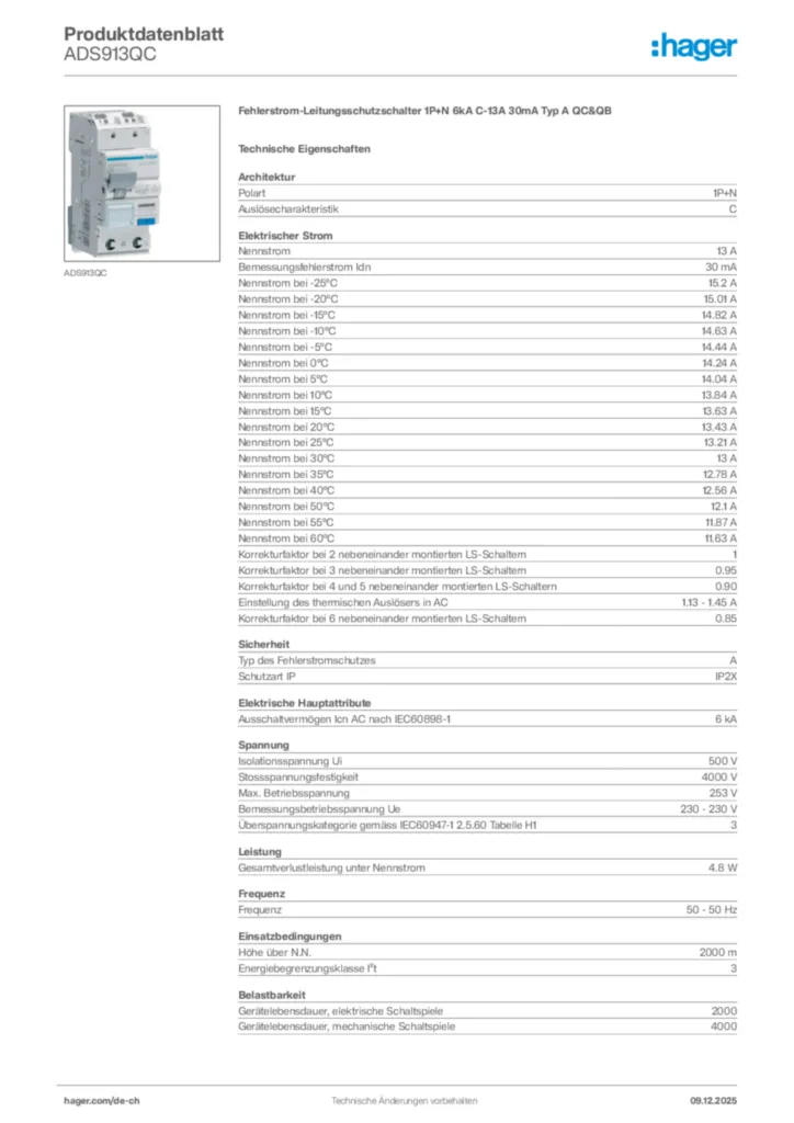 Bild Hager Produktdatenblatt ADS913QC | Hager Schweiz