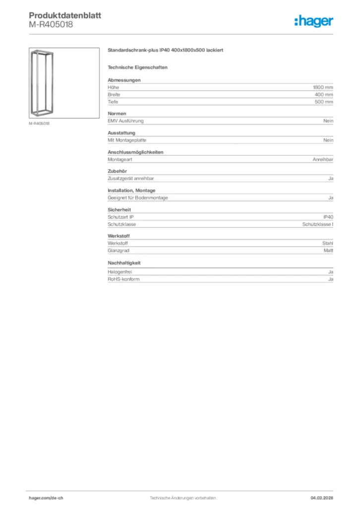 Bild Hager Produktdatenblatt M-R405018 | Hager Schweiz