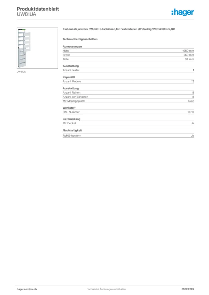 Bild Hager Produktdatenblatt UW81UA | Hager Schweiz