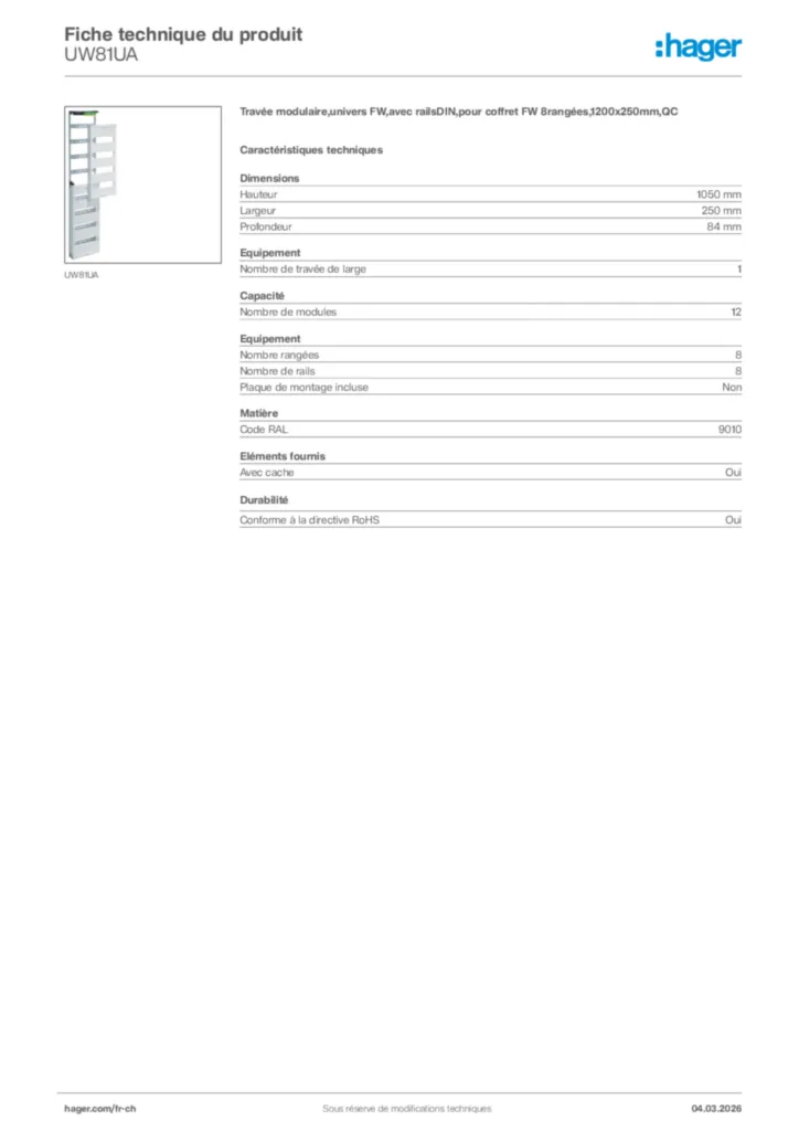 Image Hager Fiche technique du produit UW81UA | Hager Suisse