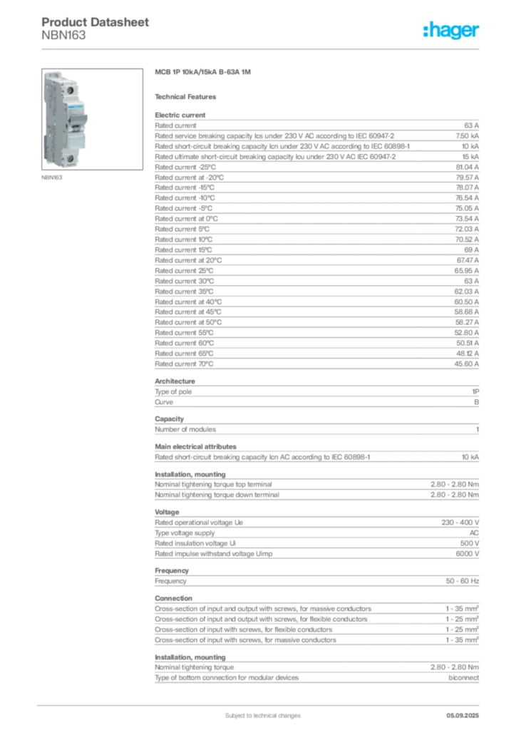 Image Hager Product data sheet NBN163  | Hager