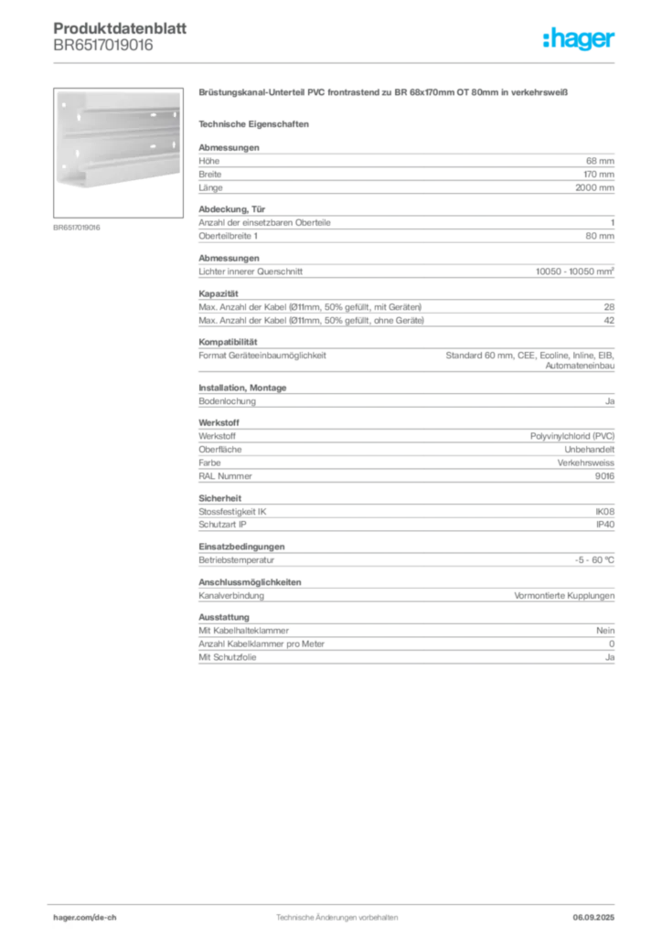 Bild Hager Produktdatenblatt BR6517019016 | Hager Schweiz