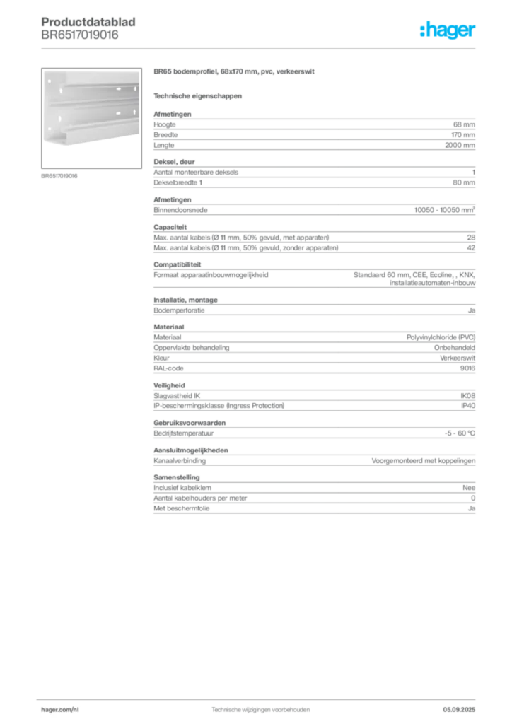 Afbeelding Hager Productdatablad BR6517019016 | Hager Nederland