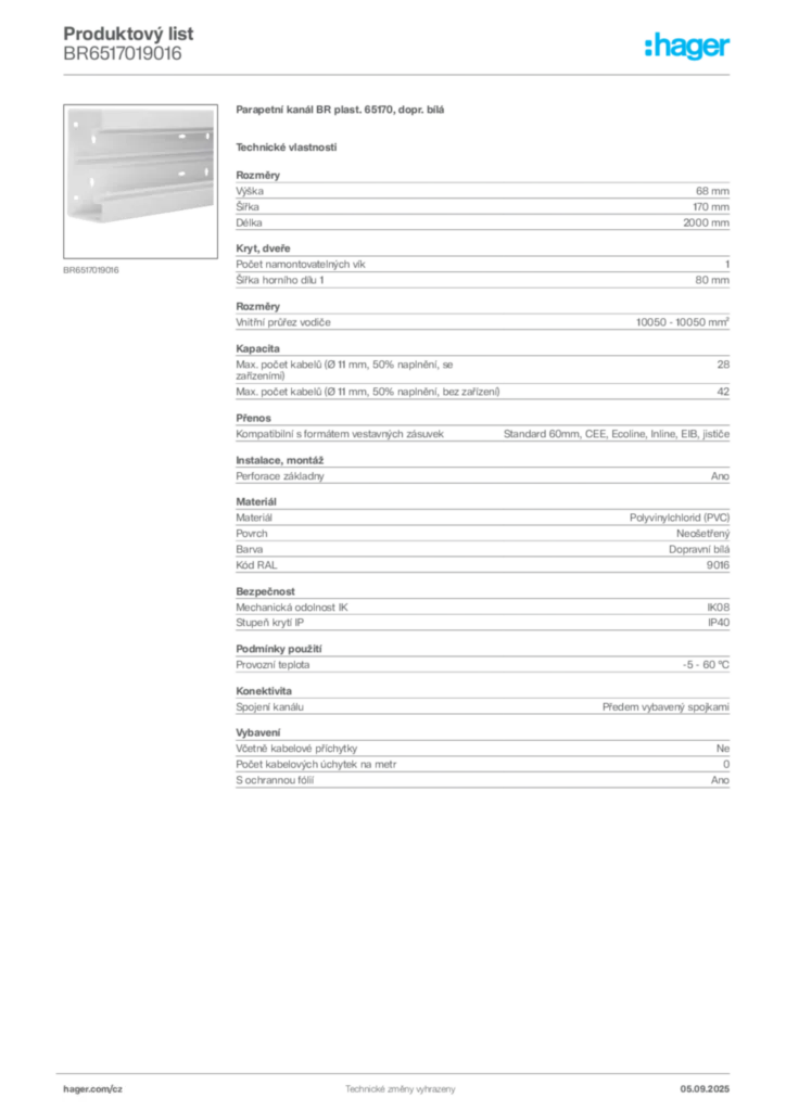 Obrázek Hager Produktový list BR6517019016 | Hager