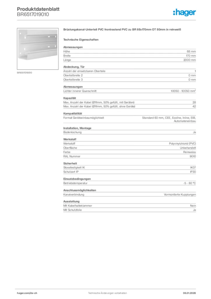 Bild Hager Produktdatenblatt BR6517019010 | Hager Schweiz