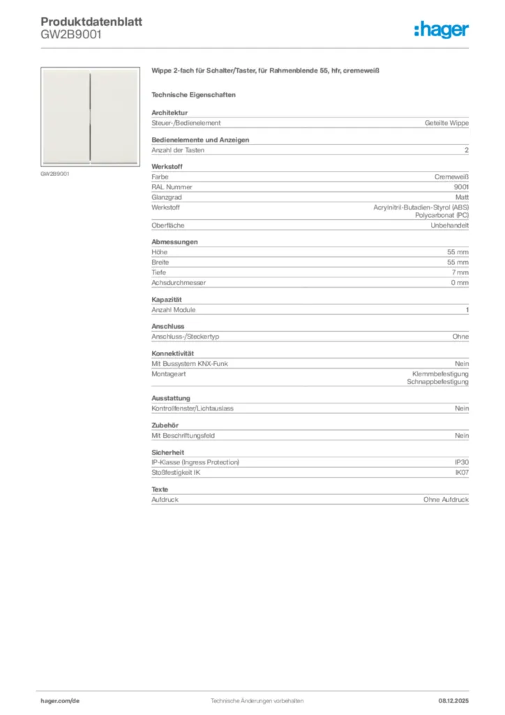 Bild Hager Produktdatenblatt GW2B9001 | Hager Deutschland