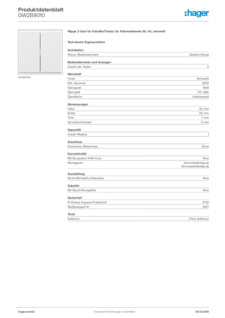 Bild Hager Produktdatenblatt GW2B9010 | Hager Deutschland
