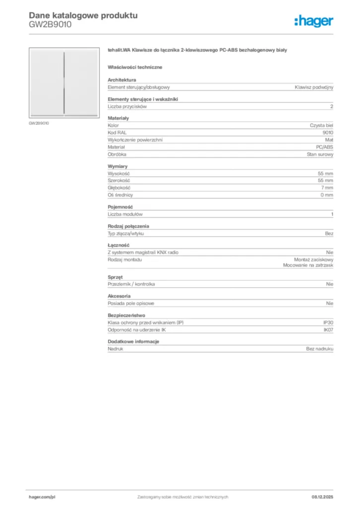 Zdjęcie Hager Karta katalogowa GW2B9010 | Hager Polska