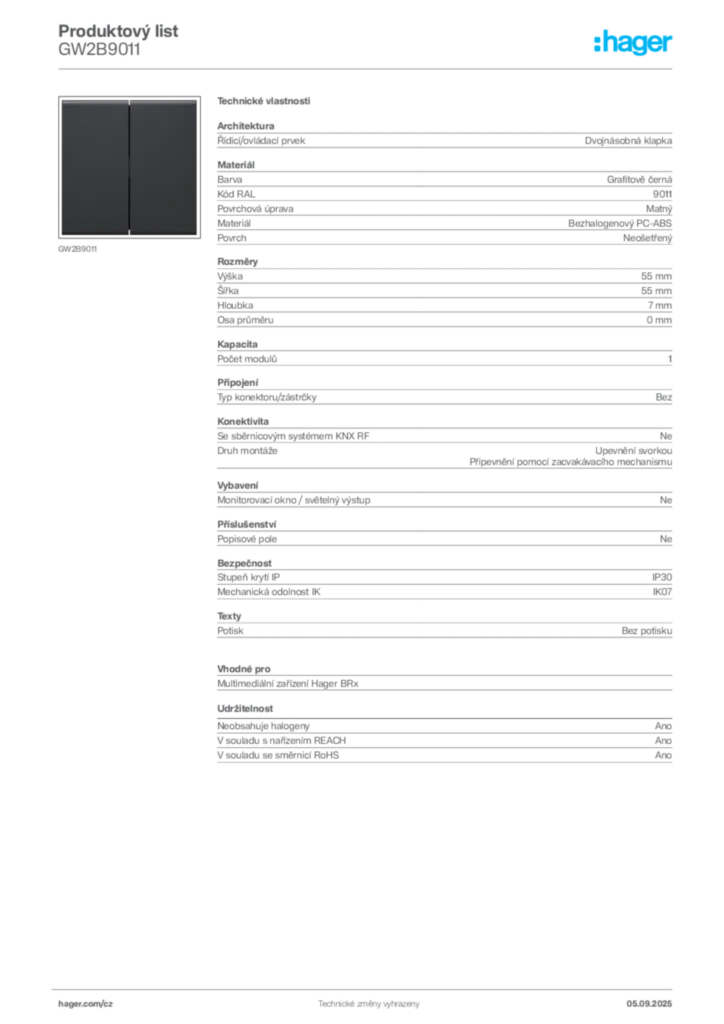Obrázek Hager Produktový list GW2B9011 | Hager