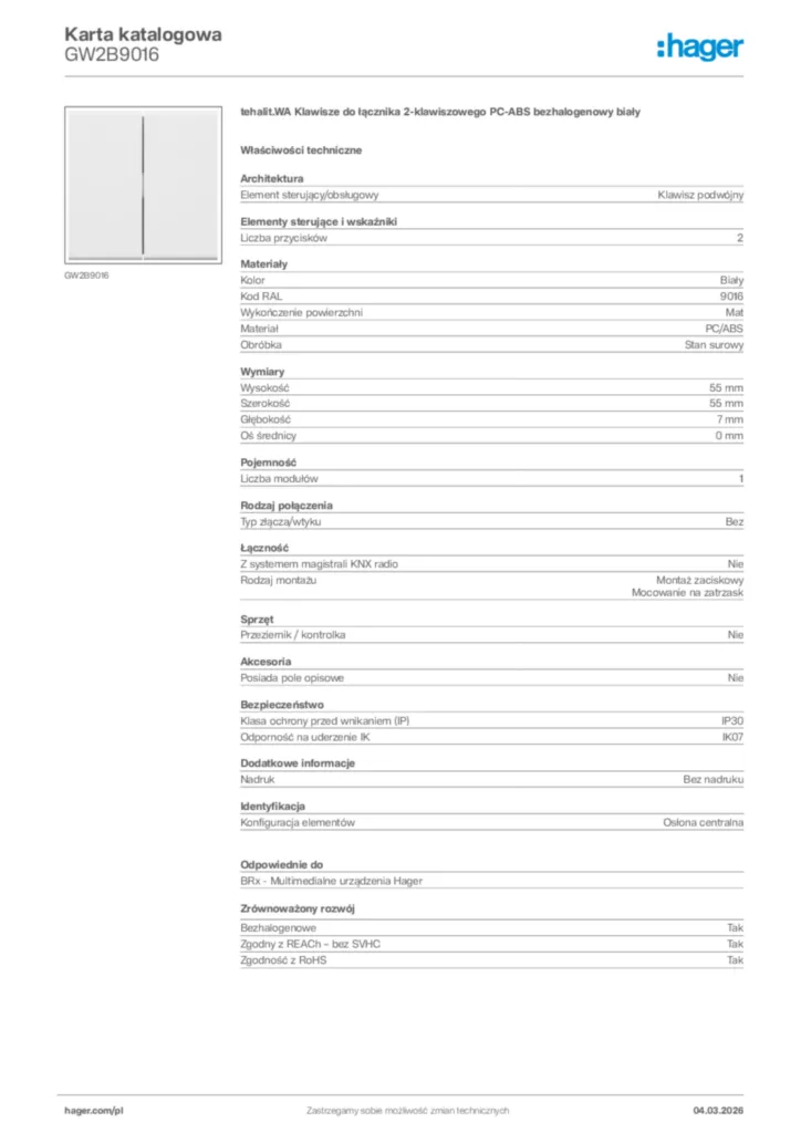Zdjęcie Hager Karta katalogowa GW2B9016 | Hager Polska