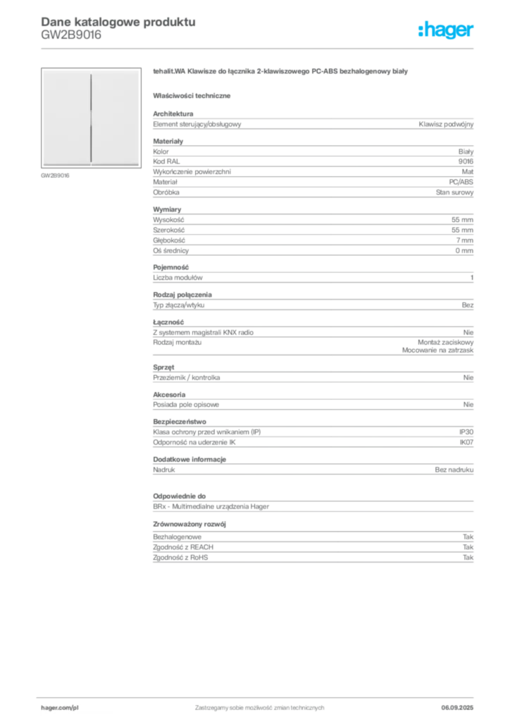 Zdjęcie Hager Dane katalogowe produktu GW2B9016 | Hager Polska