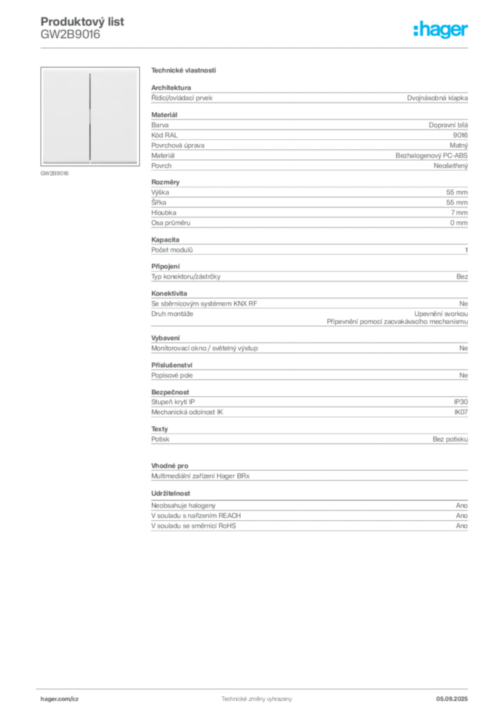 Obrázek Hager Produktový list GW2B9016 | Hager