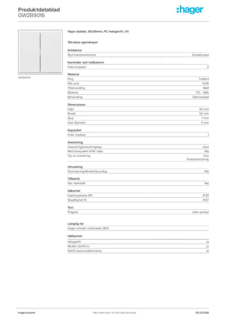 Bild Hager Produktdatablad GW2B9016 | Hager Sverige