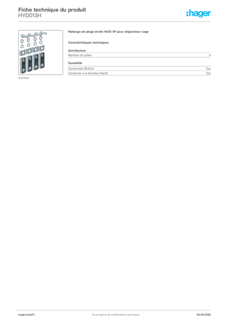 Image Hager Fiche technique du produit HYD013H | Hager France